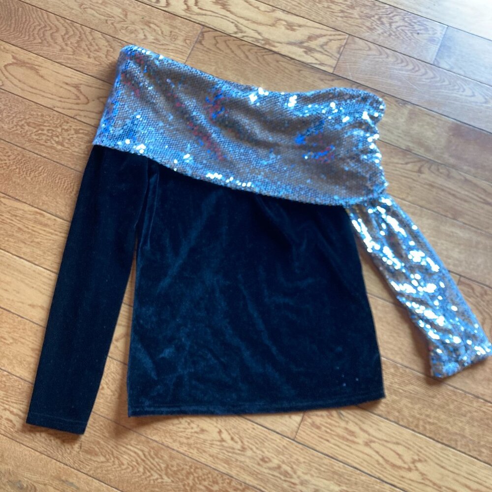 Small black velvet and silver sequin long sleeve sweater, one shoulder